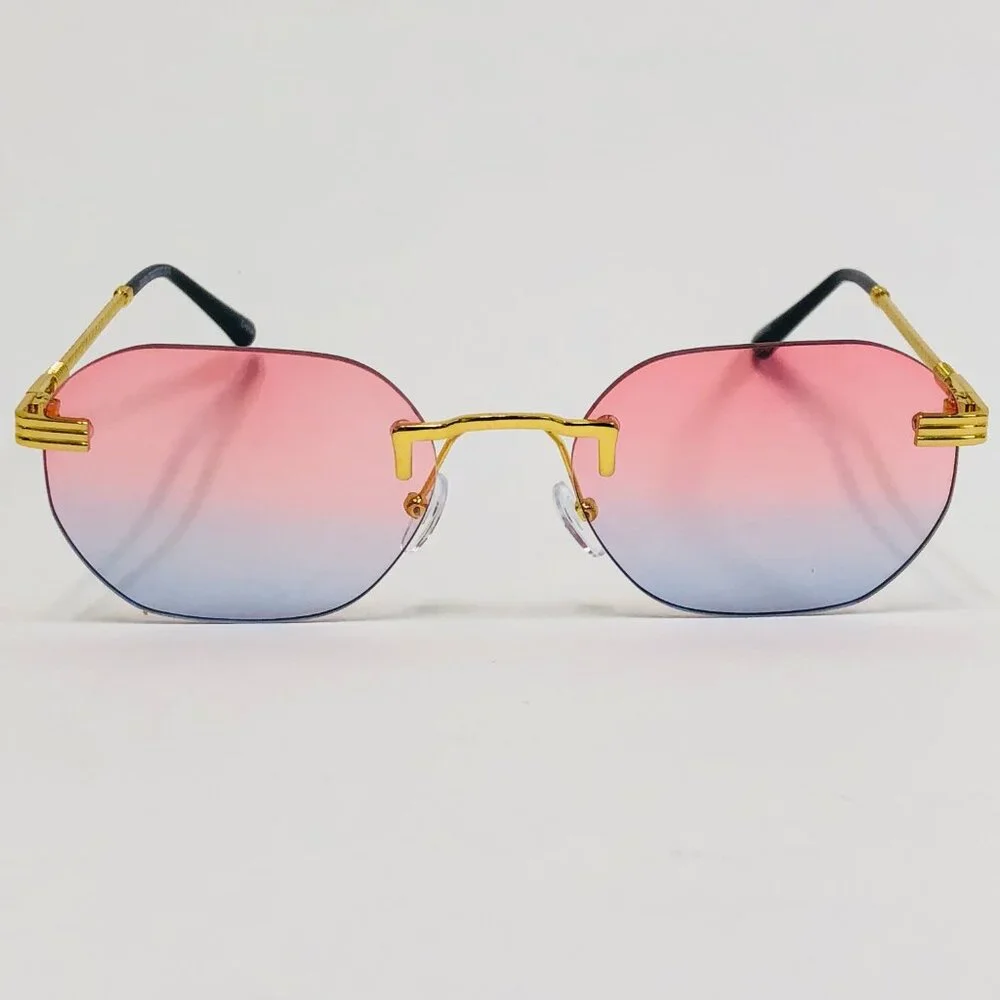 Hip Hop Women Men Sunglasses Pink Blue Rimless Round Trendy Shades Gold‎ Metal